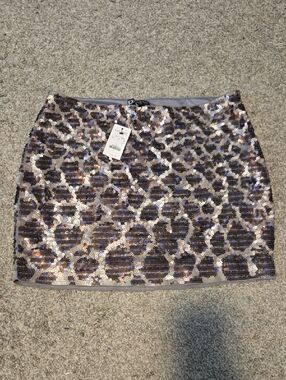 Express Sequin Leopard Print Mini Skirt - Silver, Black, Brown